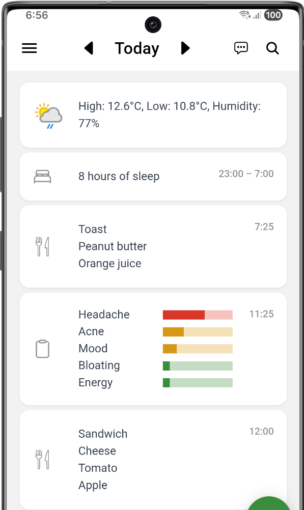 App screenshot showing the food and symptom diary